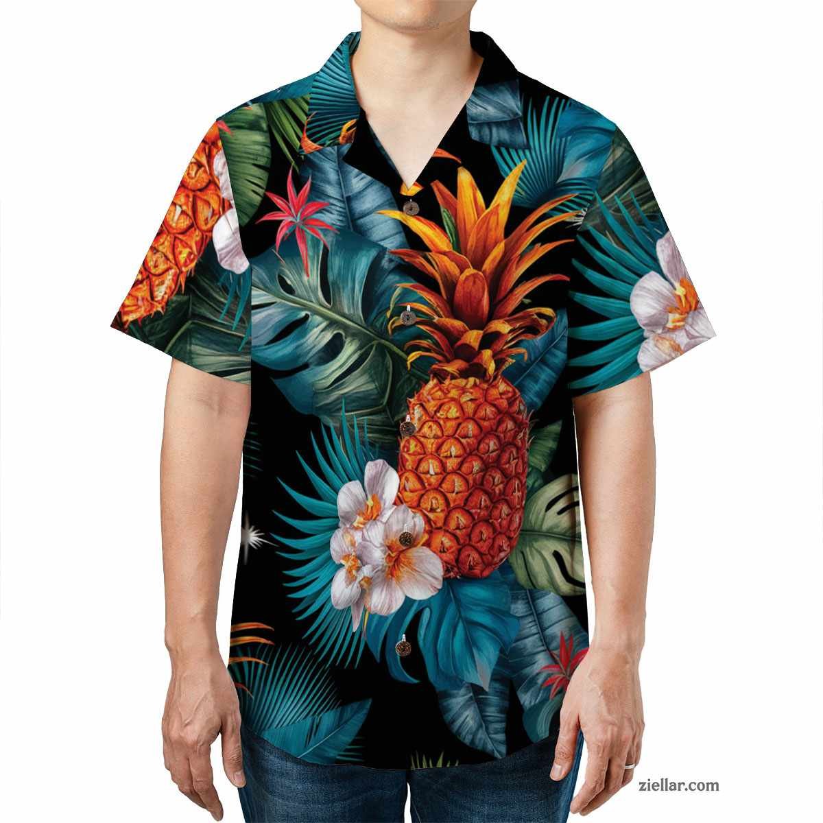 Black Teal Gold Leaf Hawaiian Shirt and Tee, Aloha Summer Party Wear