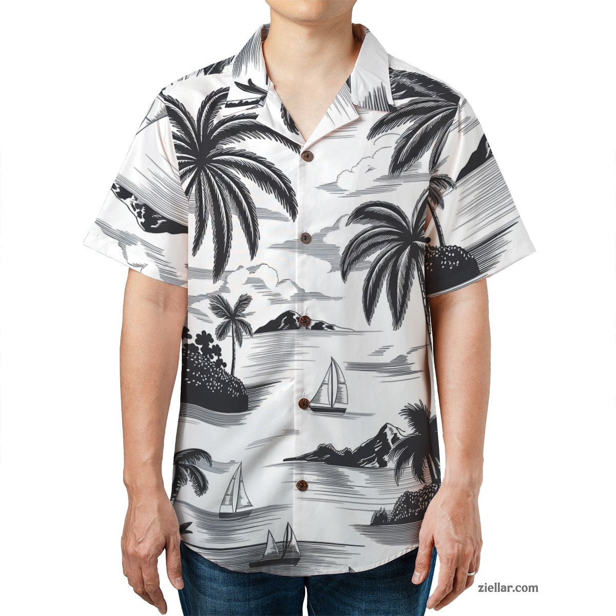 Black and White Tropical Sailboat and Palm Tree Hawaiian Shirt for Men Women – Cool and Breezy Summer Apparel