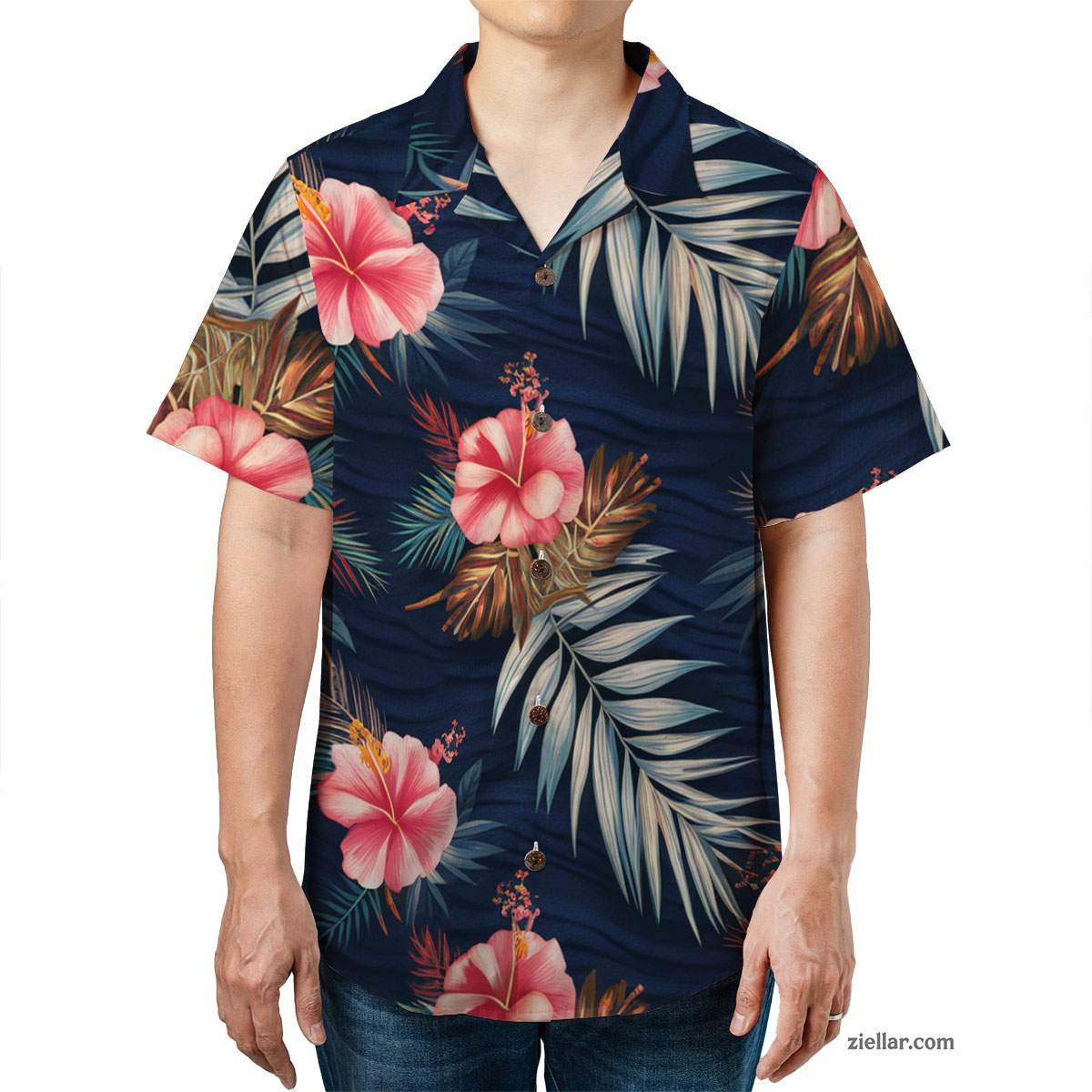 Navy Floral Paradise Hawaiian Shirt Tee, Seamless Aloha Tropical Vacation Shirt
