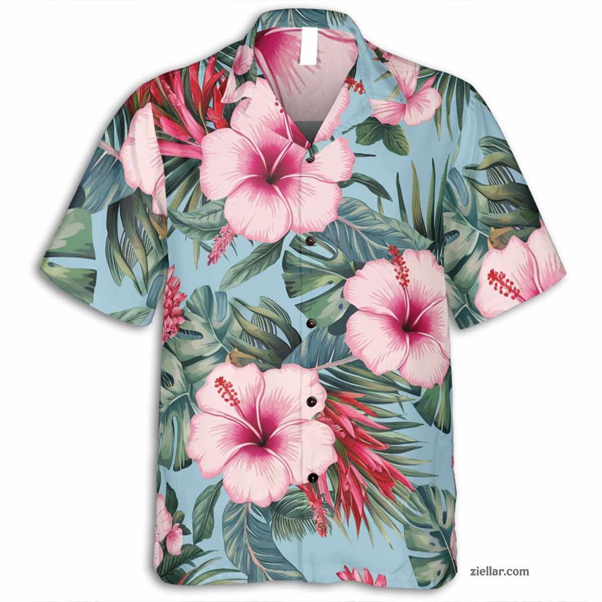 Palm Leaf & Hibiscus Hawaiian Shirt Tee, Light Blue Aloha Beach Outfit
