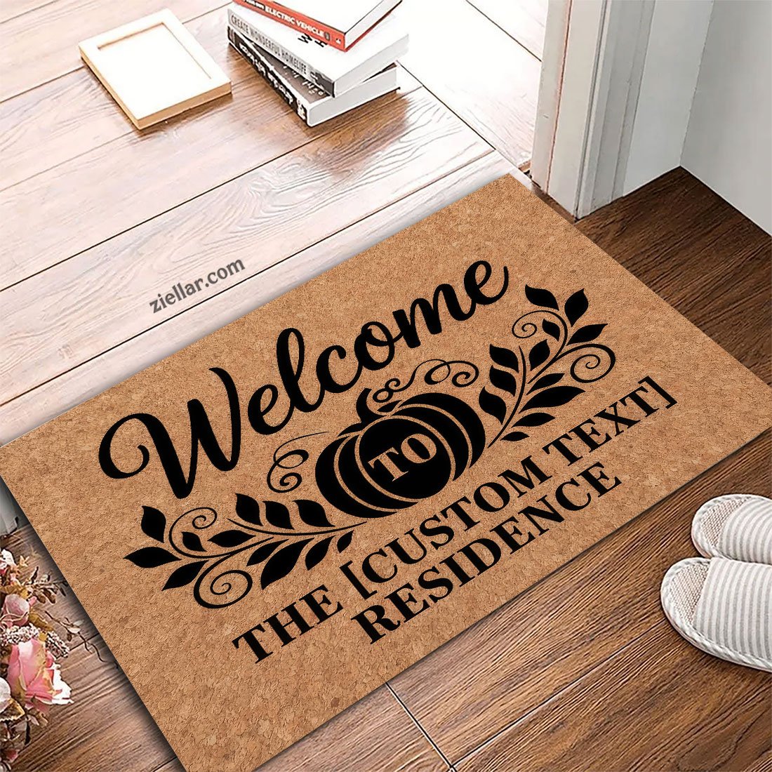 Personalized Rustic Fall Doormat with Pumpkins & Leaves, Unique Entryway Mat