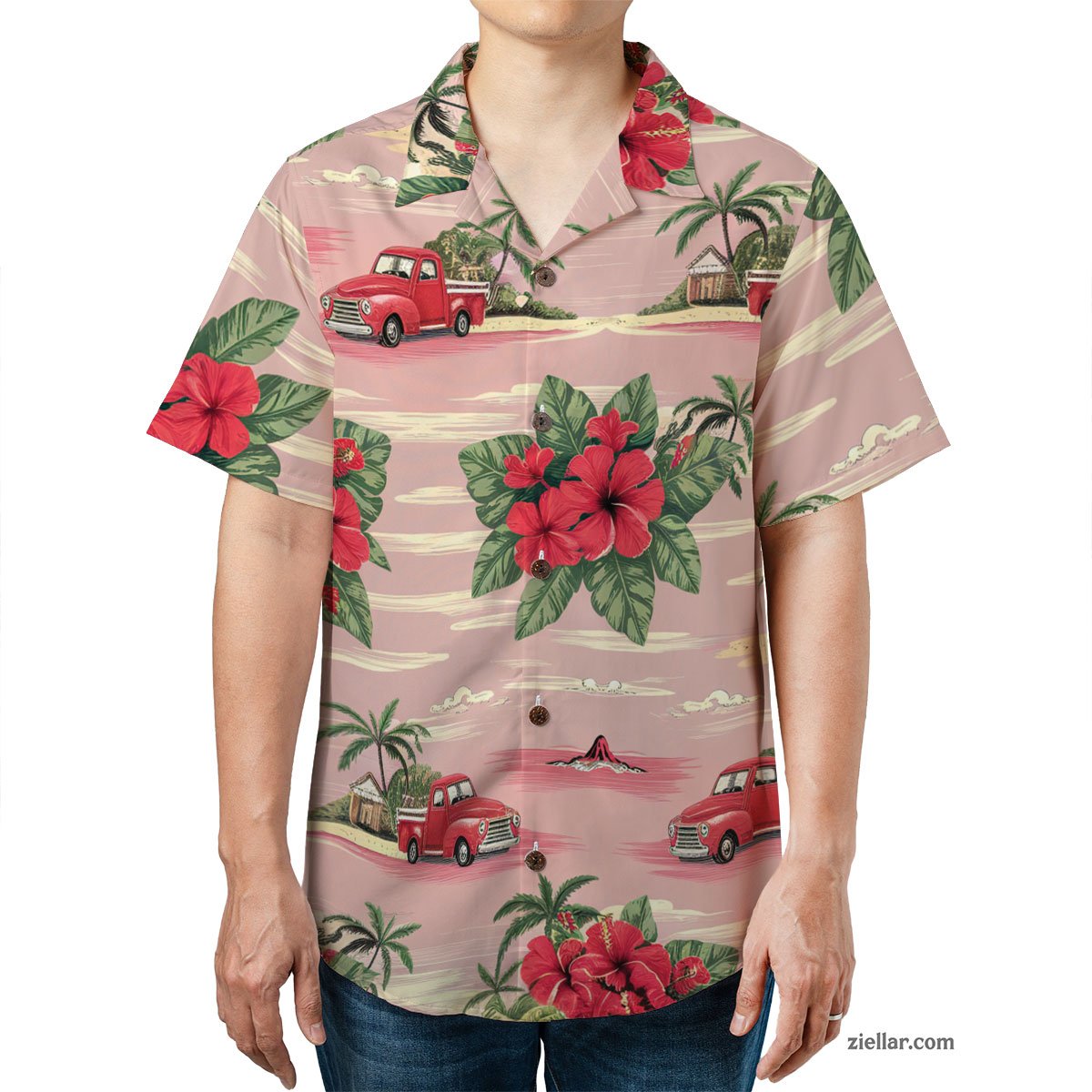 Retro Beach Scene with Red Hibiscus Seamless Pattern Hawaiian Shirts Men Women – Make a Statement This Summer