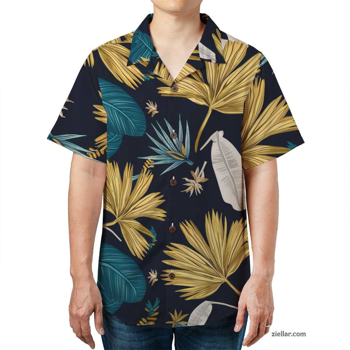 Teal Gold White Leaf Hawaiian Shirt and Tee, Tropical Summer Beach Outfit