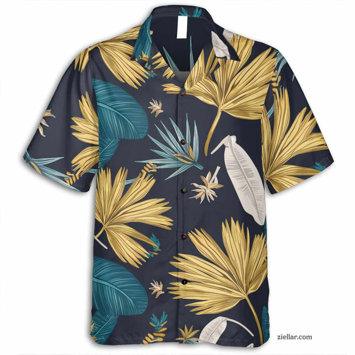 Teal Gold White Leaf Hawaiian Shirt and Tee, Tropical Summer Beach Outfit