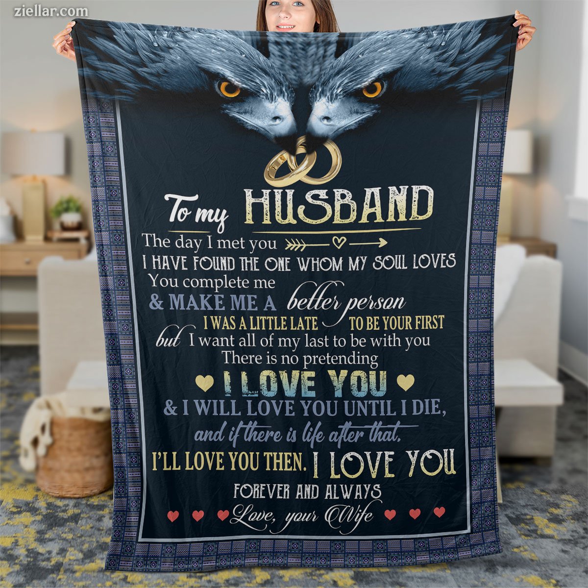 To My Husband Quilt Blanket, Fleece Blanket Blue Wolf Romantic Gift from Loving Wife