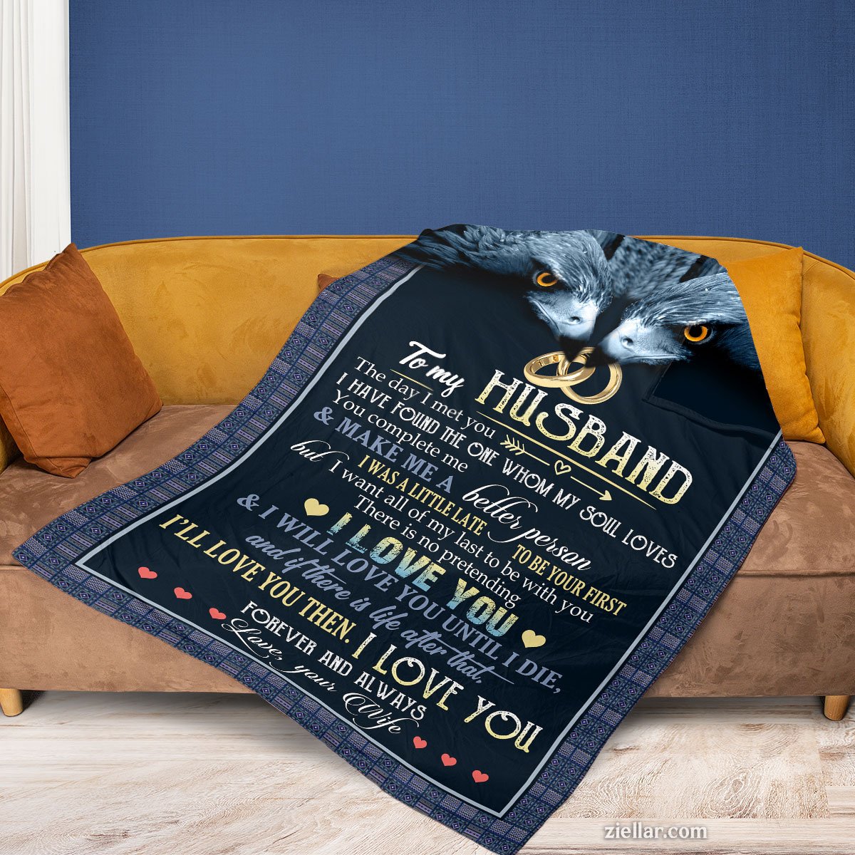 To My Husband Quilt Blanket, Fleece Blanket Blue Wolf Romantic Gift from Loving Wife