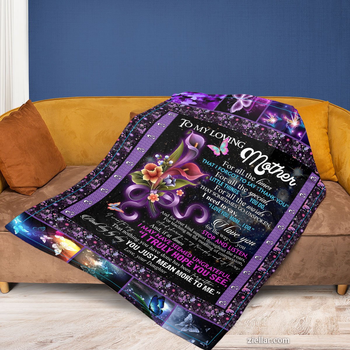 To My Loving Mother Quilt Blanket, Fleece Blanket Purple Floral Design Gift for Mom