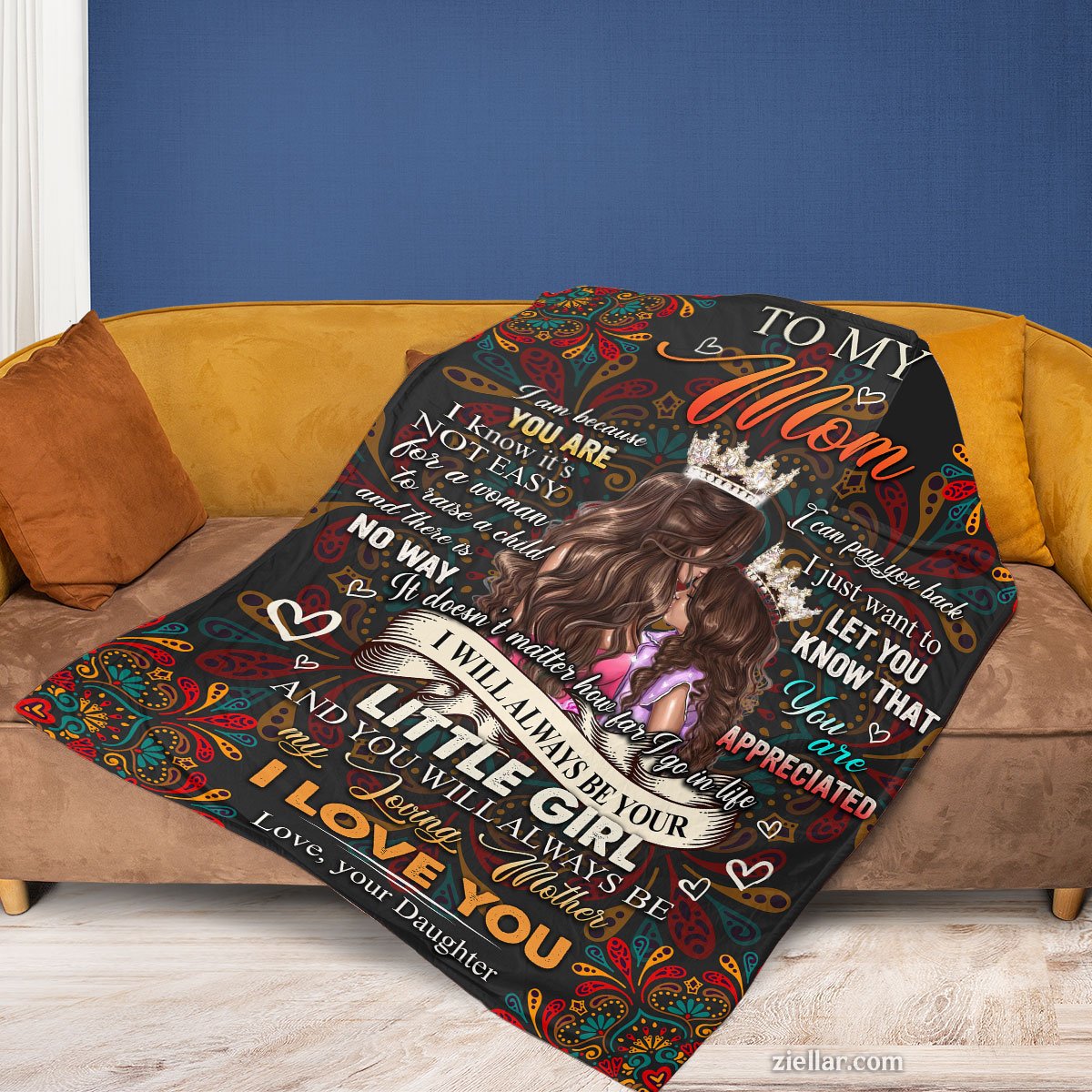 To My Mom Quilt Blanket, Fleece Blanket Gift from Daughter with Horse and Floral Design