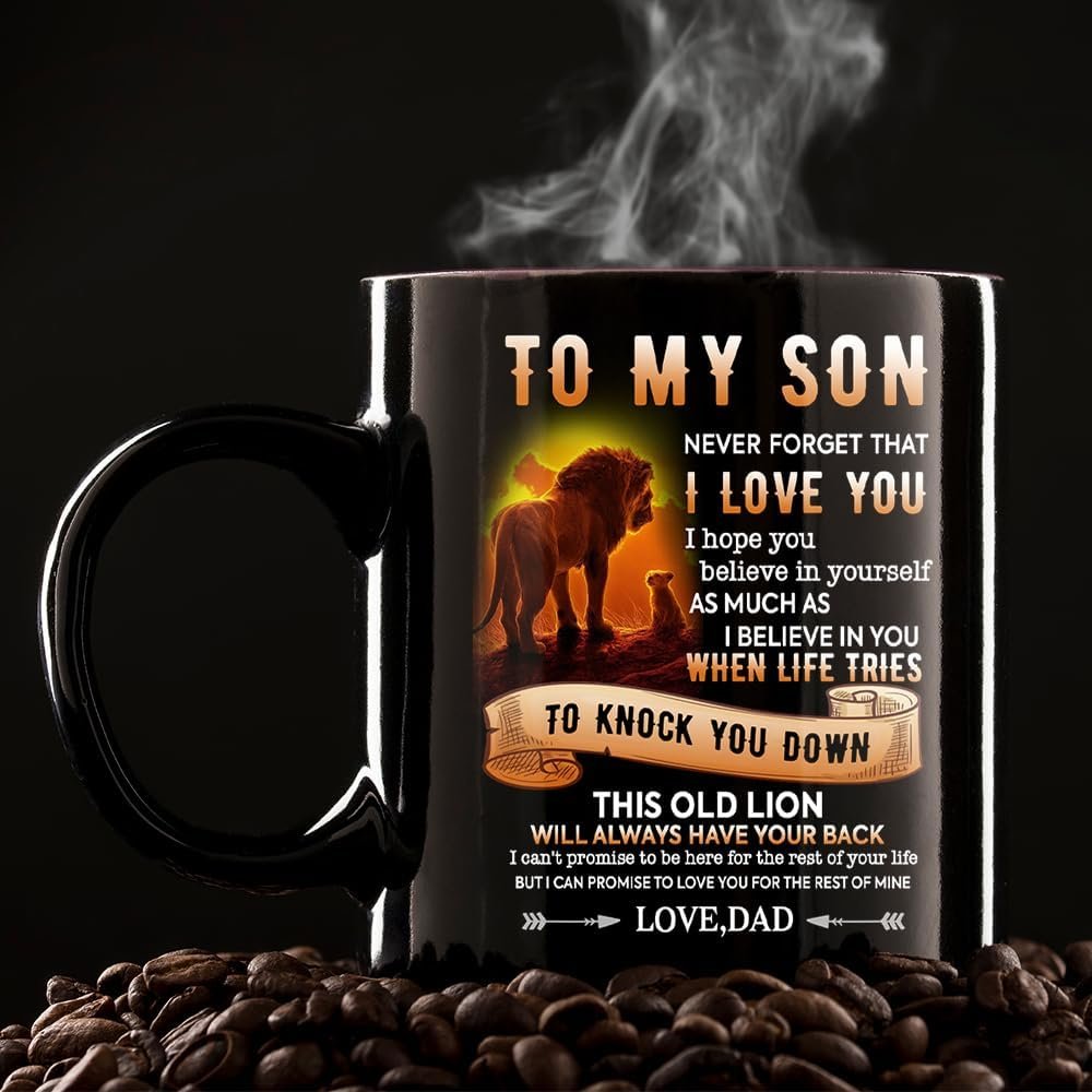 To My Son Mug Gift from Dad, Lion Design Birthday, Christmas, Farewell Cup 11 Oz