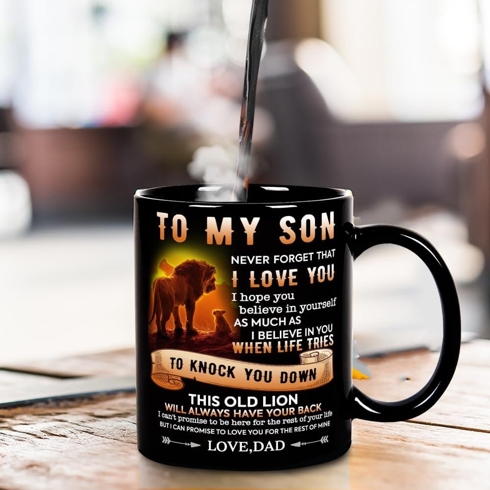 To My Son Mug Gift from Dad, Lion Design Birthday, Christmas, Farewell Cup 11 Oz