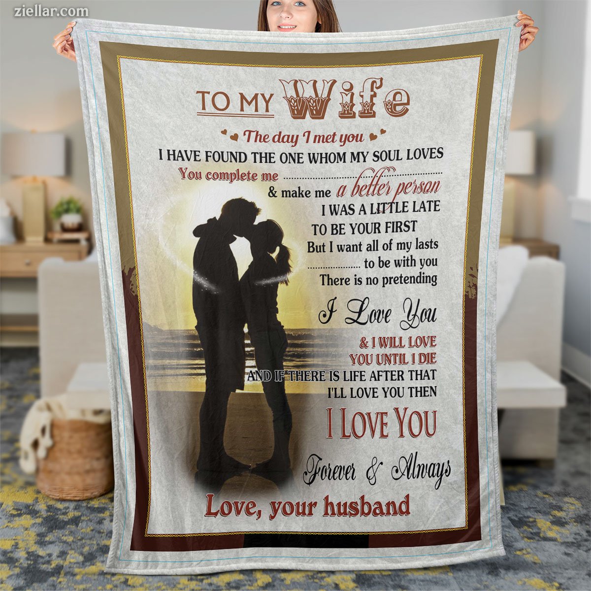 To My Wife Quilt Blanket, Fleece Blanket Sunset Couple Silhouette Gift from Husband