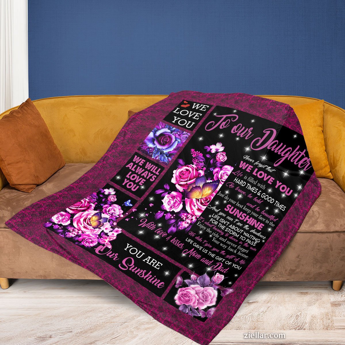 To Our Daughter Quilt Blanket, Fleece Blanket Gift with Pink Rose and Heartfelt Message
