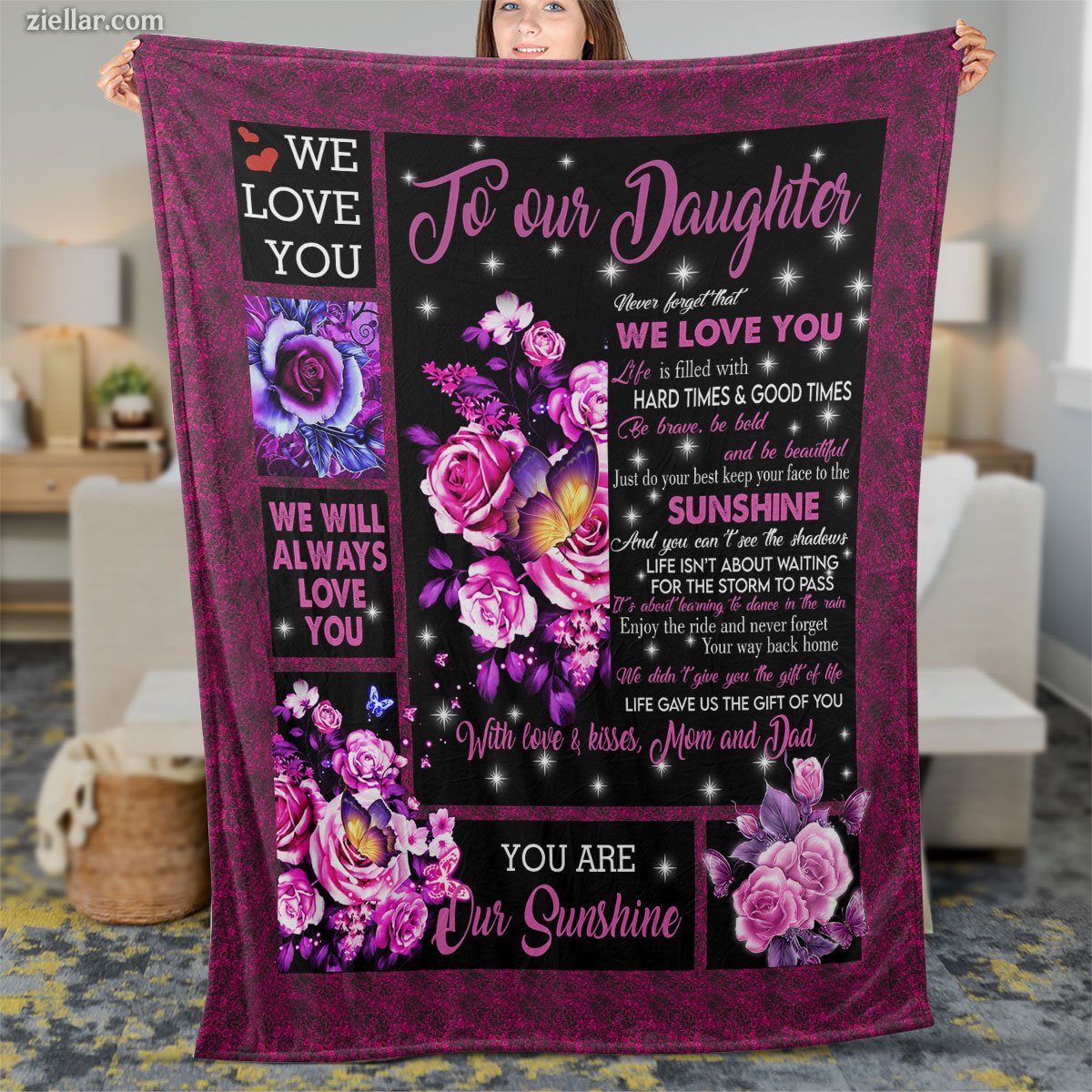 To Our Daughter Quilt Blanket, Fleece Blanket Gift with Pink Rose and Heartfelt Message