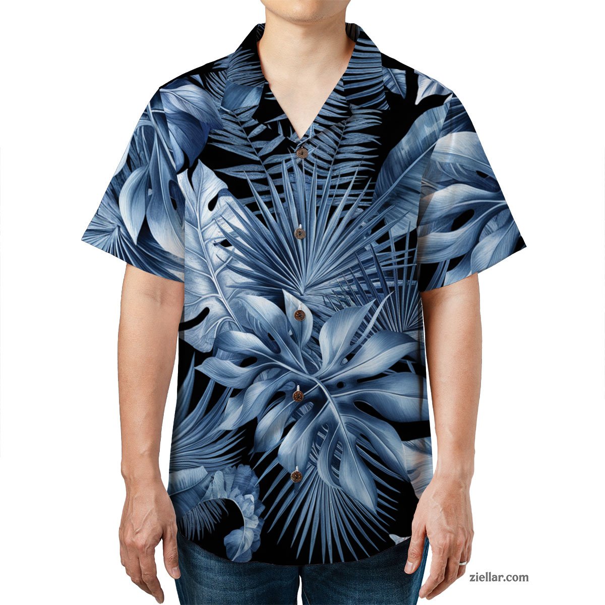Tropical Blue Foliage Hawaiian Shirt and Tee, Summer Aloha Gift for Adults