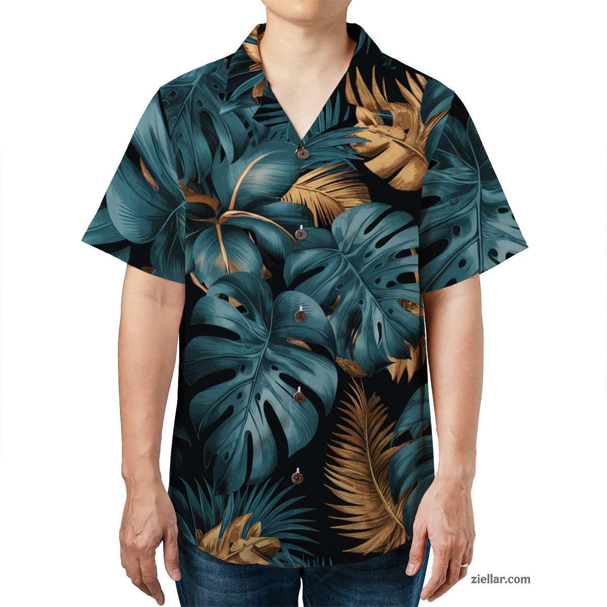 Tropical Black Hawaiian Shirt Tee, Teal Gold Palm Leaves Beach Outfit