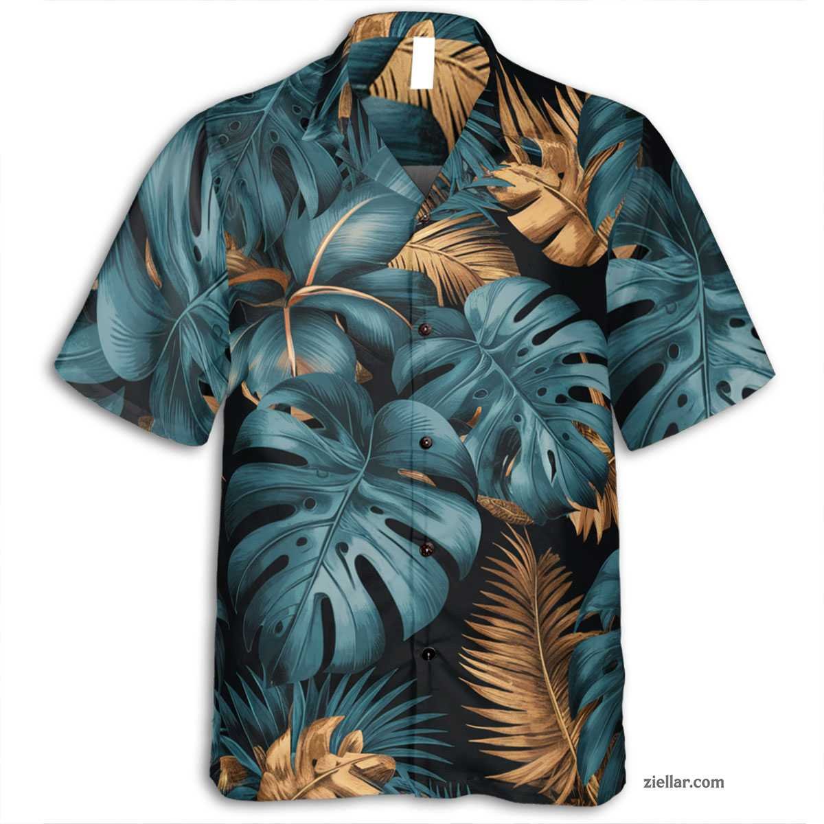 Tropical Black Hawaiian Shirt Tee, Teal Gold Palm Leaves Beach Outfit