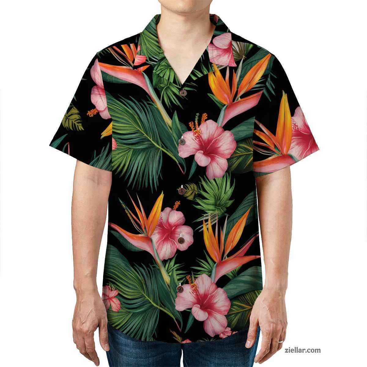 Tropical Bird of Paradise Hawaiian Shirt and Tee, Vacation Floral Outfit