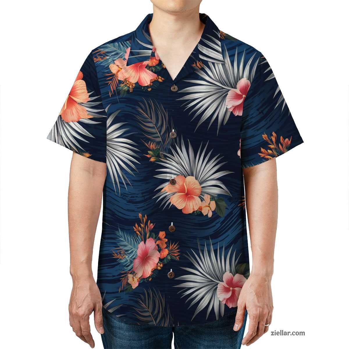 Tropical Navy Hawaiian Shirt and Tee, Flowers and Leaves Aloha Beach Outfit