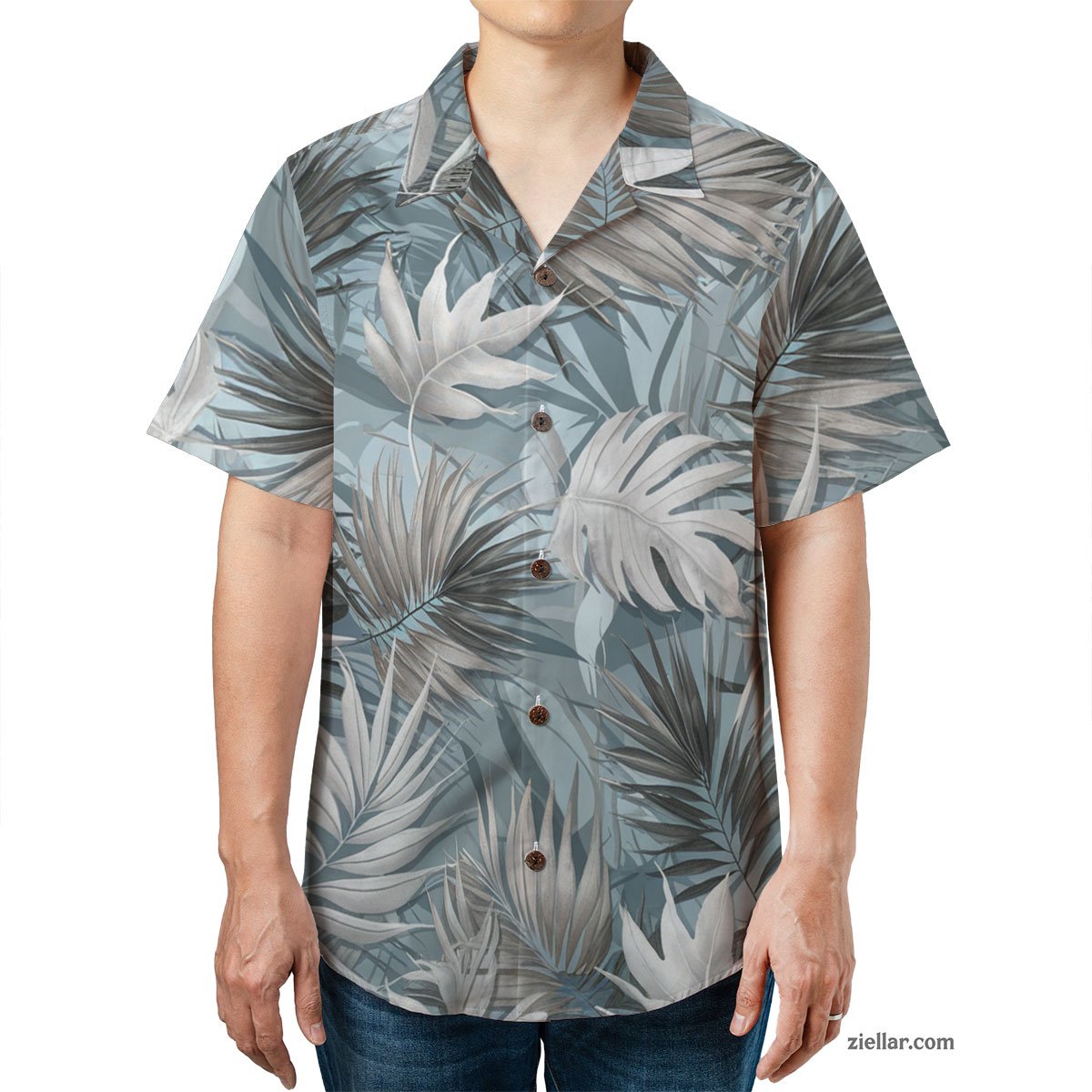 Tropical Palm Leaf Hawaiian Shirt and Tee, Stylish Blue Casual Beach Outfit
