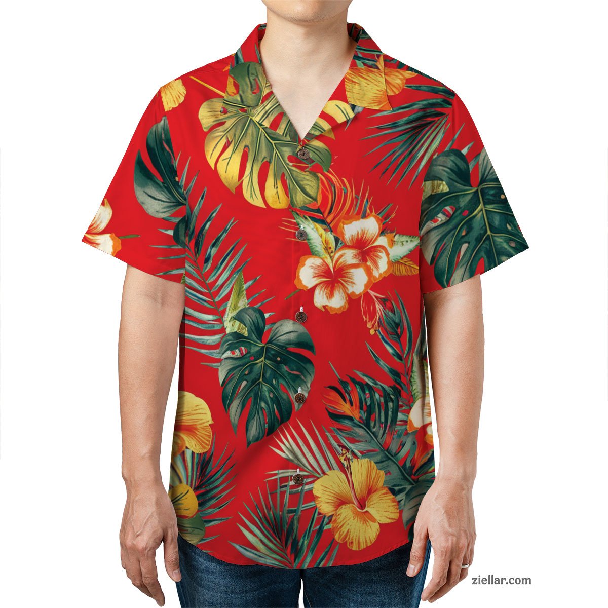 Tropical Red Floral Hawaiian Shirt and Tee, Vibrant Beach Shirt for Adults
