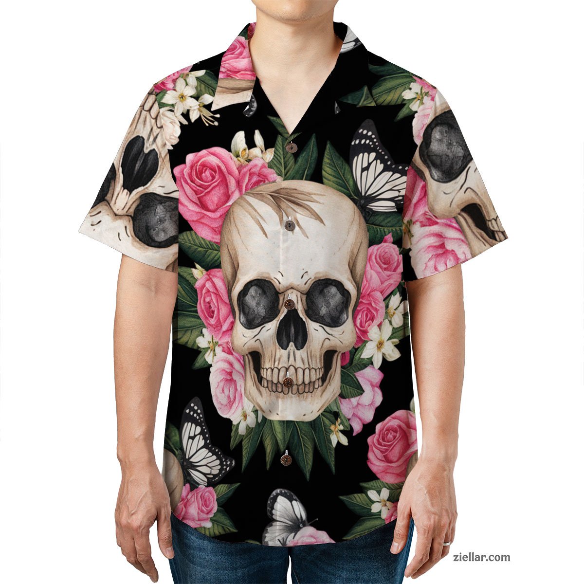 Tropical Skull Butterfly Hawaiian Shirt Tee, Punk Summer Outfit for Men