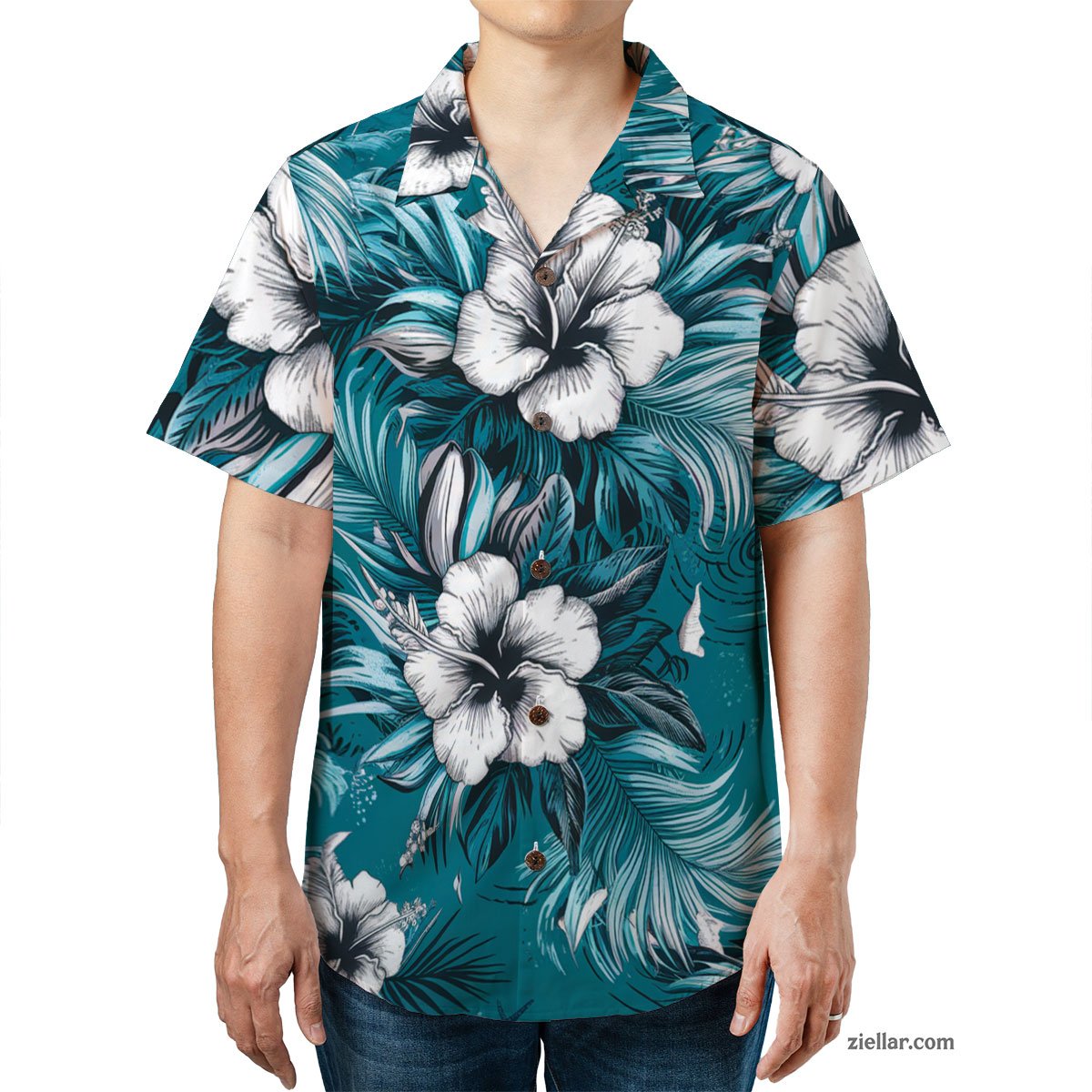 Turquoise Hibiscus Palm Hawaiian Shirt Tee, Tropical Vacation Shirt Adults