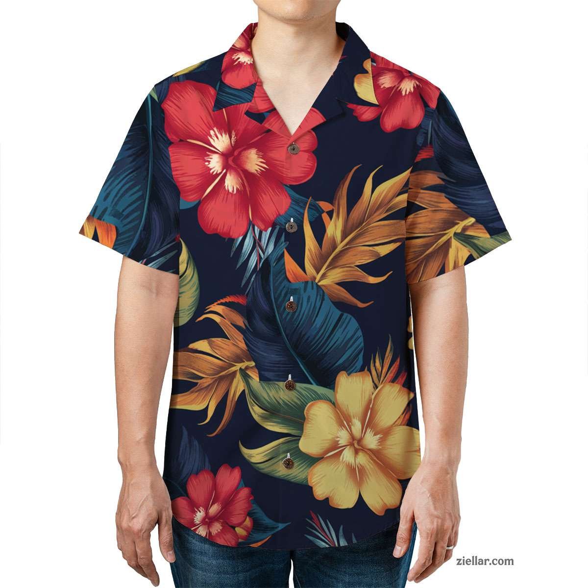 Vibrant Navy Tropical Hawaiian Shirt Tee, Summer Aloha Beach Outfit Adults