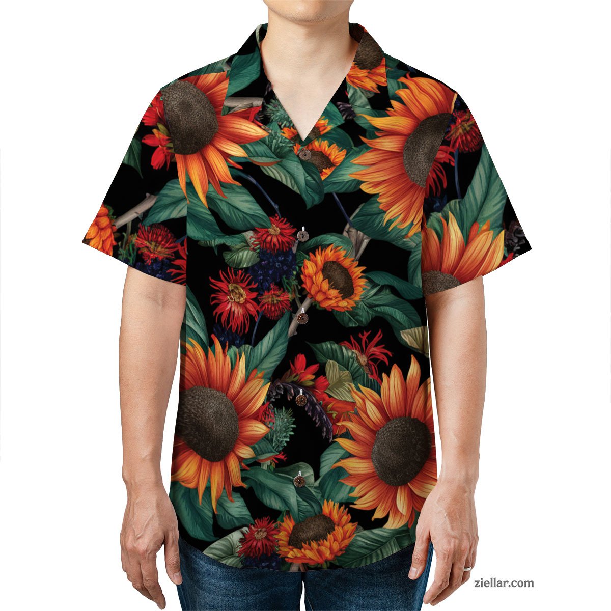 Vibrant Sunflower Hawaiian Shirt and Tee, Beach Floral Shirt for Women Men