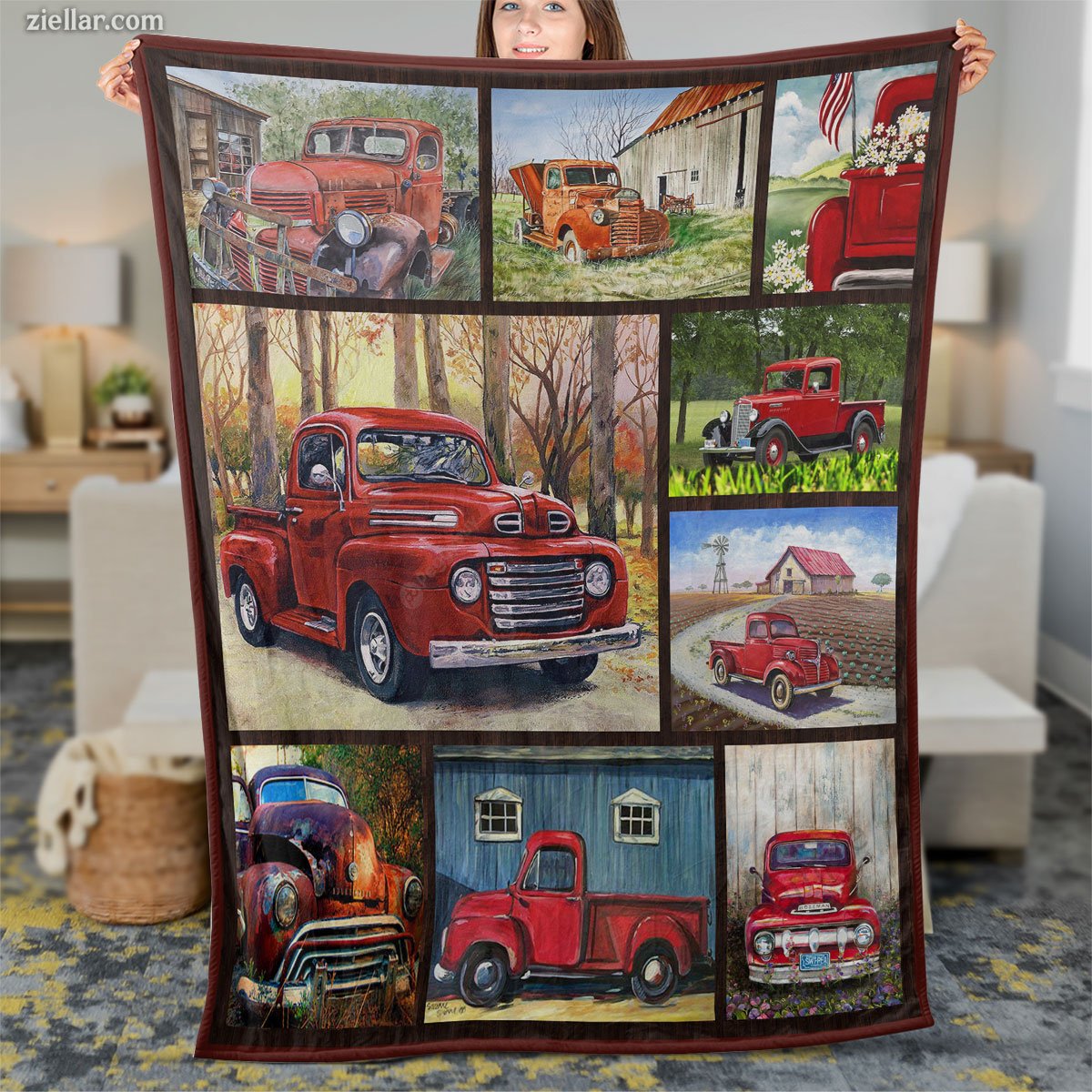 Vintage Red Truck Quilt Blanket, Fleece Blanket Rustic Country Car Lover Gift Design