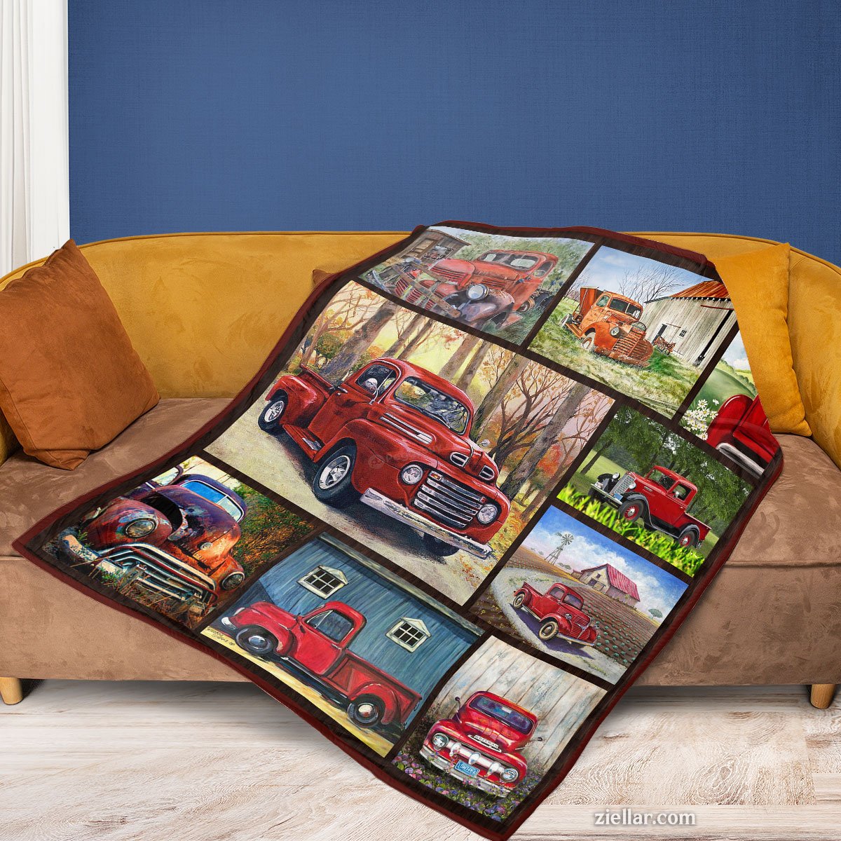Vintage Red Truck Quilt Blanket, Fleece Blanket Rustic Country Car Lover Gift Design