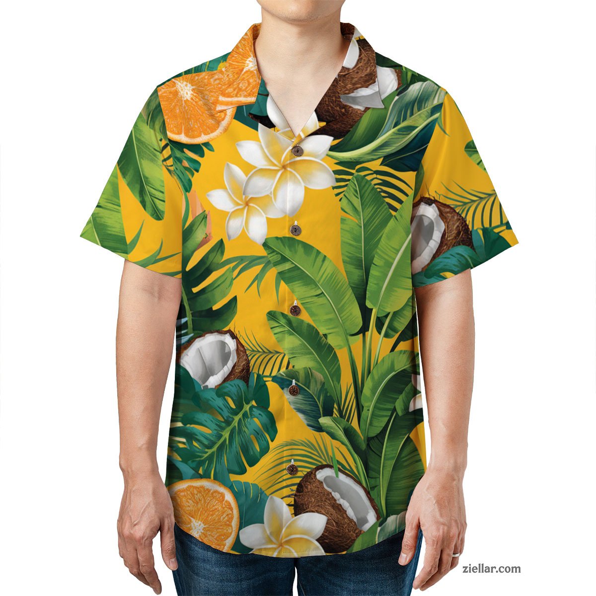 Yellow Citrus Coconut Hawaiian Shirt and Tee, Aloha Beach Vacation Wear