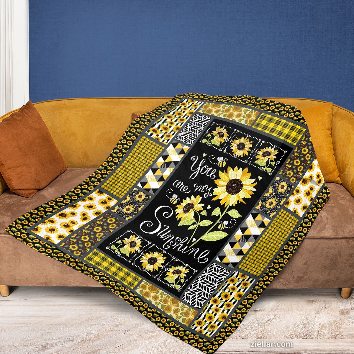 You Are My Sunshine Quilt Blanket, Fleece Blanket Sunflower Patchwork Gift for Her