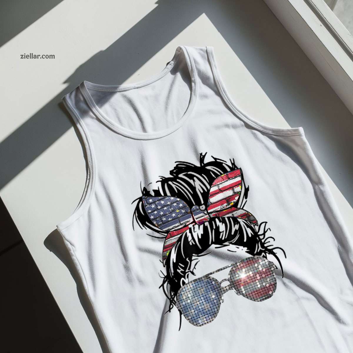 Messy Bun American Flag Glasses 4th of July Patriotic Tank Top Shirt Tee for Men Women Unisex