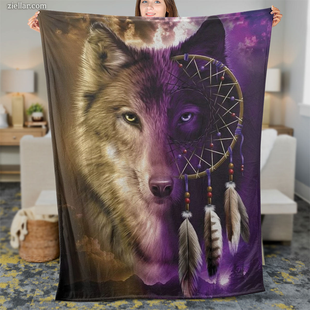 Wolf Dreamcatcher Quilt Blanket, Fleece Blanket with Purple Moon and Tribal Feathers