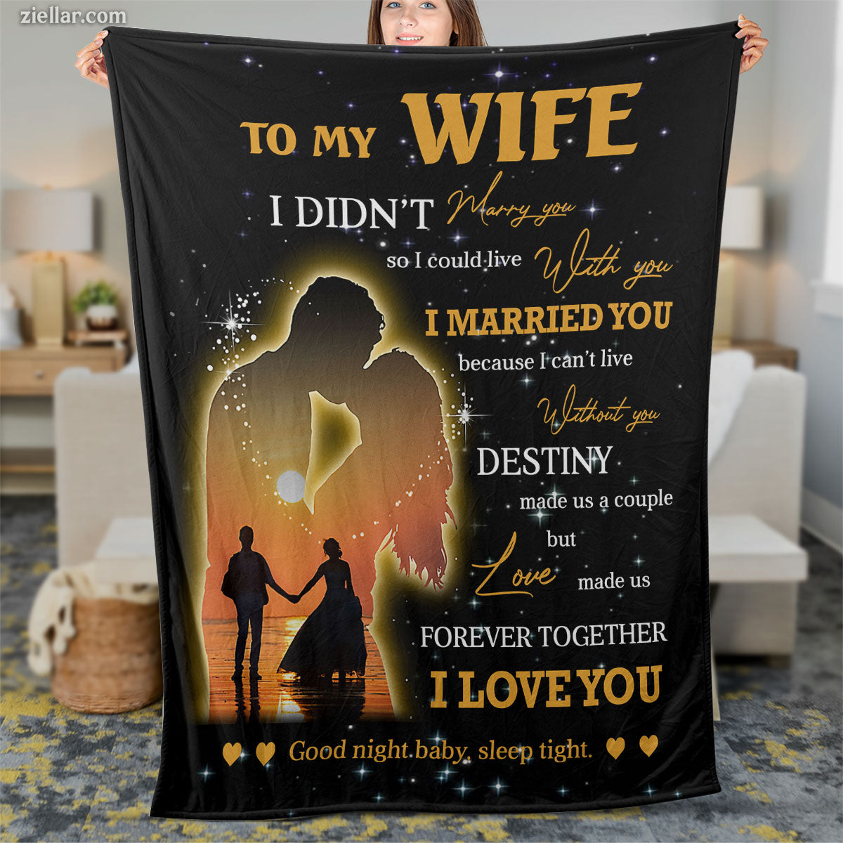 To My Wife Quilt Blanket, Fleece Blanket Gift with Silhouette Couple and Destiny Quote