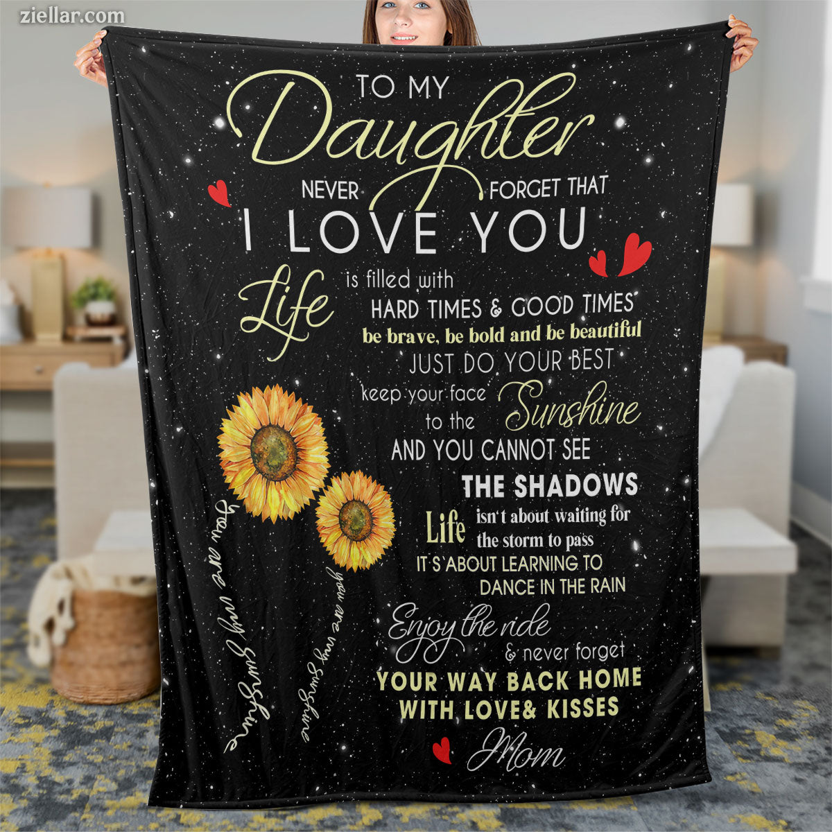 To My Daughter Quilt Blanket, Fleece Blanket with Sunflowers and Uplifting Message