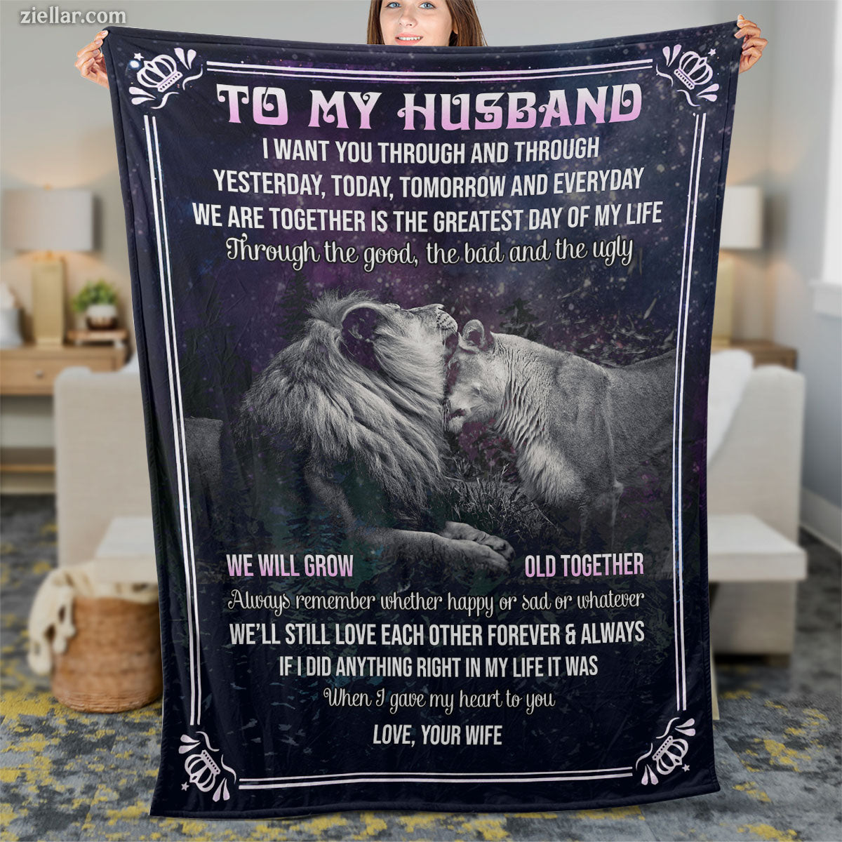 To My Husband Quilt Blanket, Fleece Blanket with Lions, Wedding Vows and Deep Message