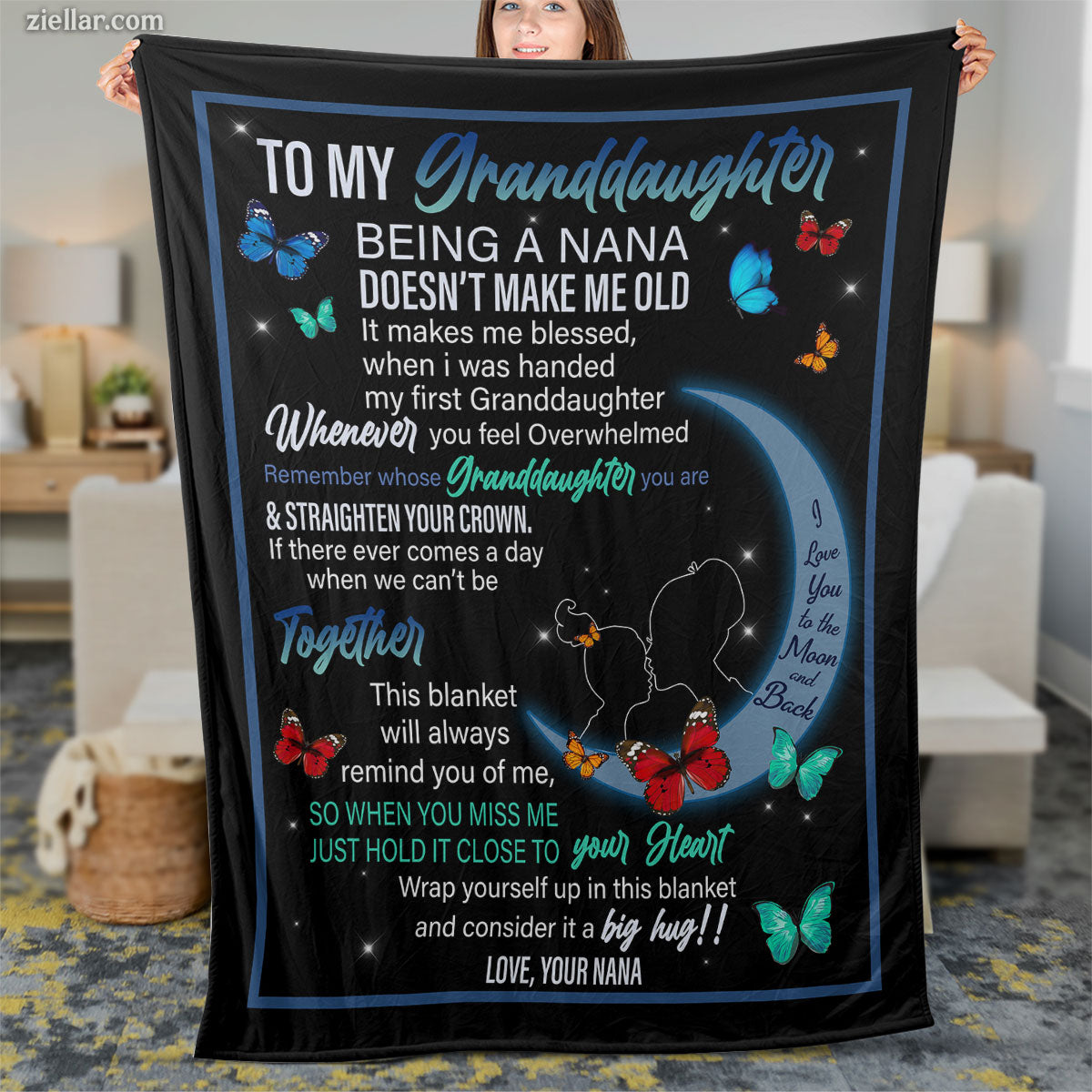 To My Granddaughter Quilt Blanket, Fleece Blanket with Moon, Butterflies and Love from Nana