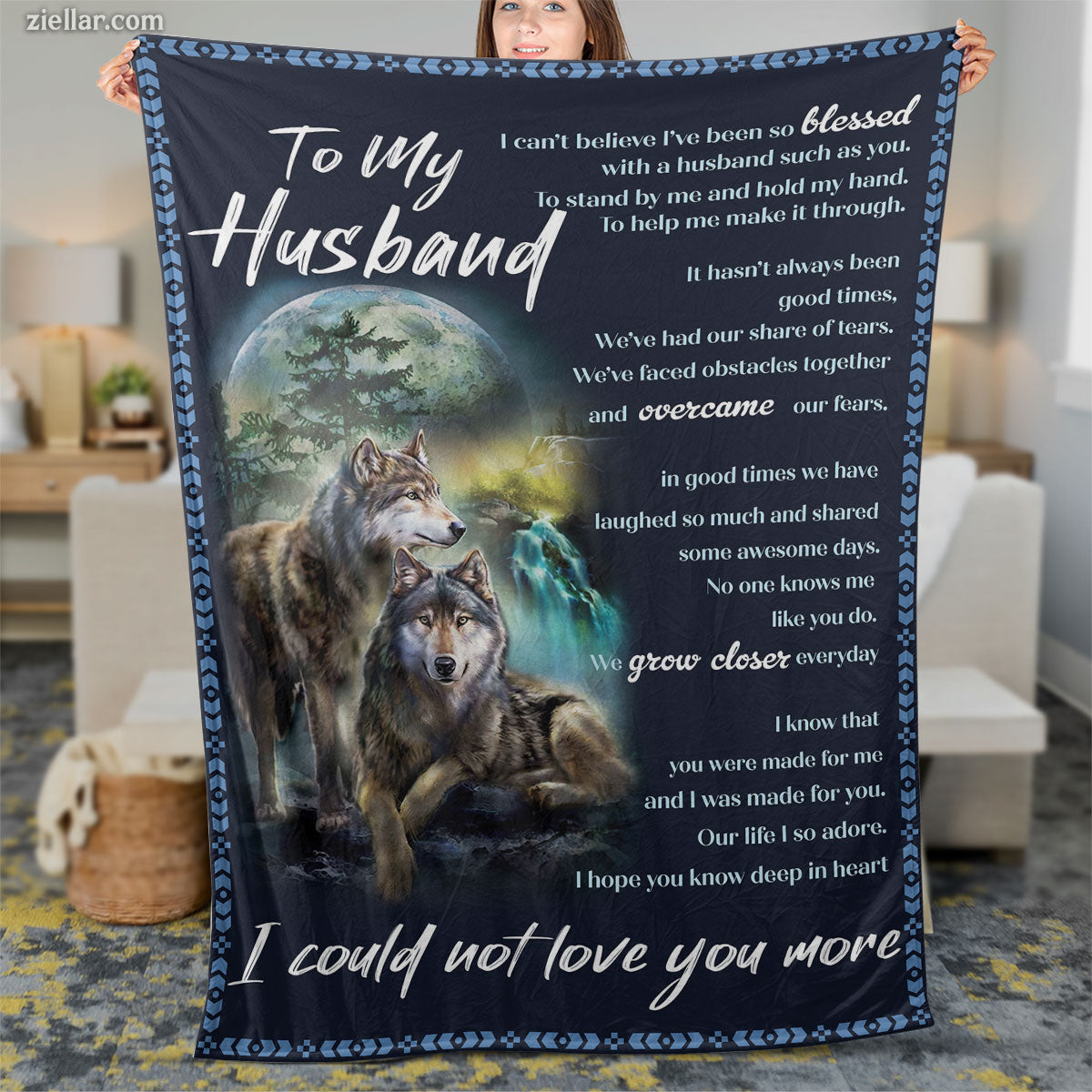 To My Husband Wolf Quilt Blanket, Fleece Blanket Gift for Husband from Wife, Custom Name Option