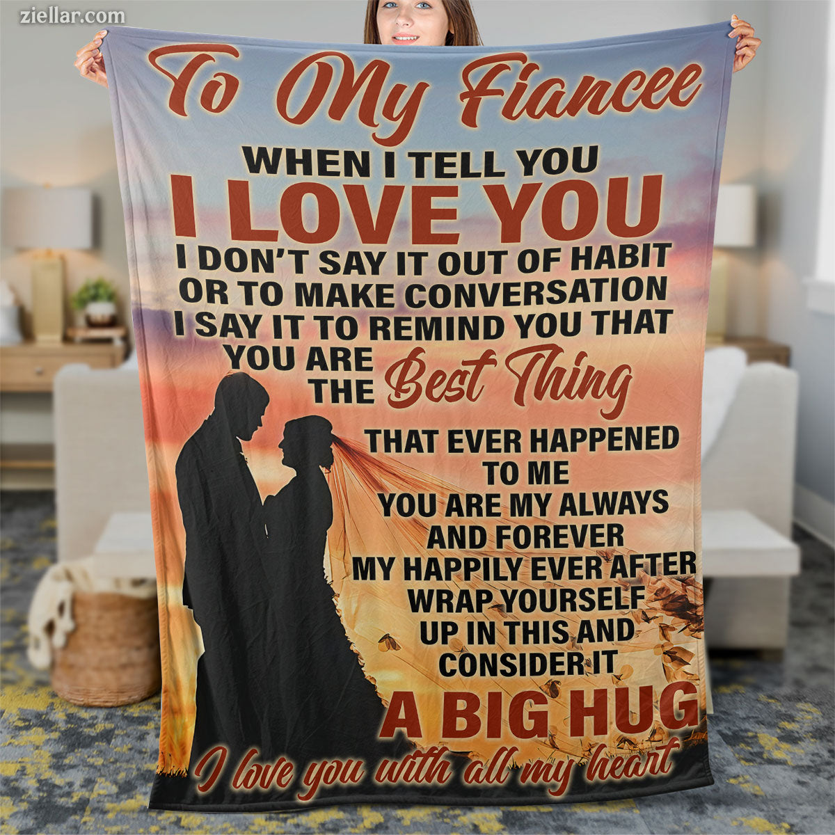 To My Fiancée Quilt Blanket, Fleece Blanket Gift for Her with Sunset Couple Scene, Custom Name Option