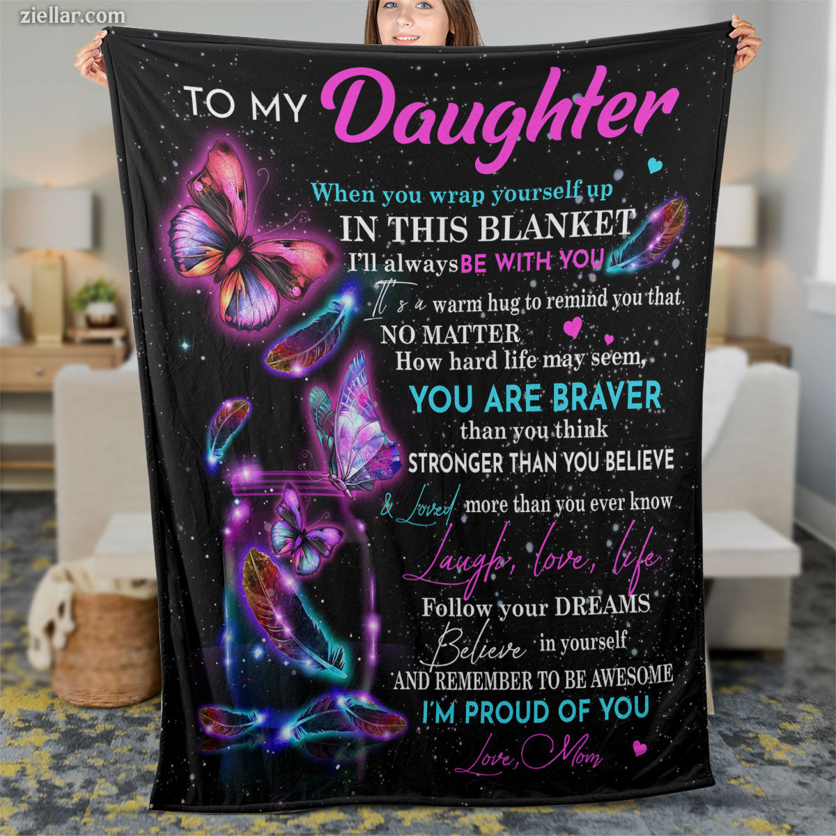 To My Daughter Quilt Blanket, Fleece Blanket Gift with Fireflies and Butterflies, Custome Name Option