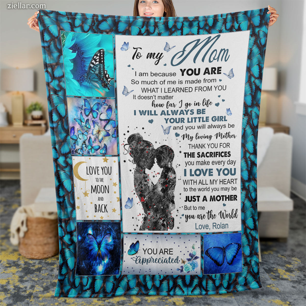 To My Mom Quilt Blanket, Fleece Blanket Gift with Blue Butterfly and Stars, Personalized Name Option