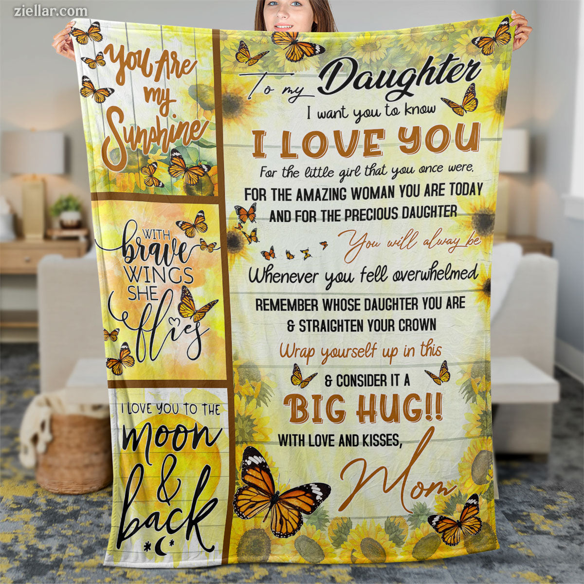To My Daughter Quilt Blanket, Fleece Blanket Gift with Warm Hugs and Inspirational Words, Custome Name