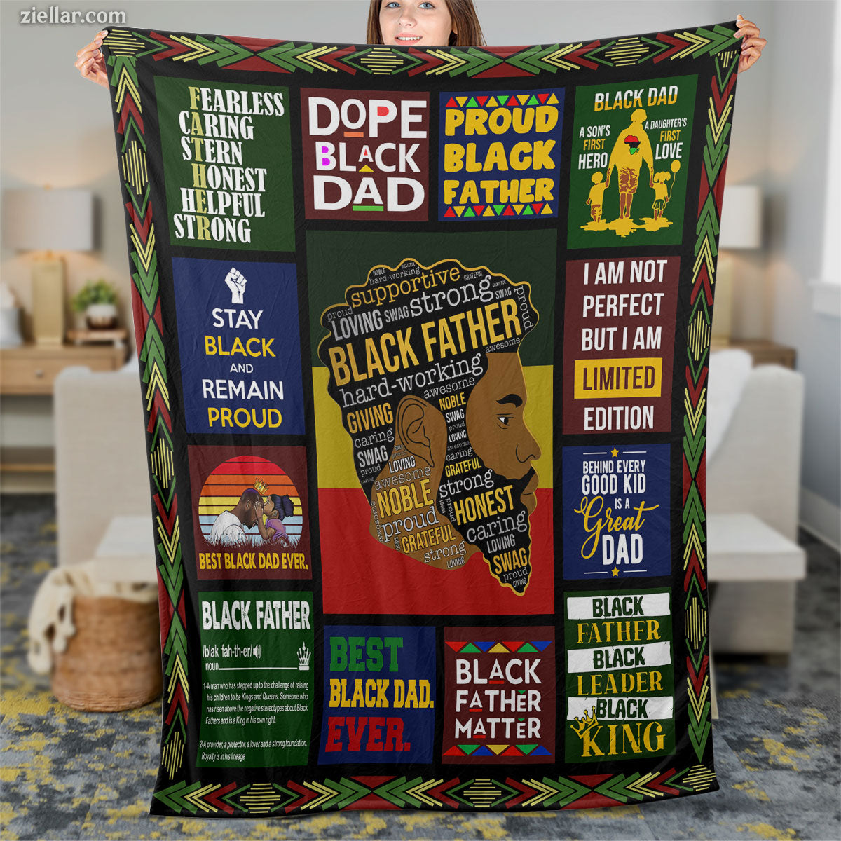 Black Father Strong King Quilt Blanket, Fleece Blanket Gift with Motivational Words, Personalized