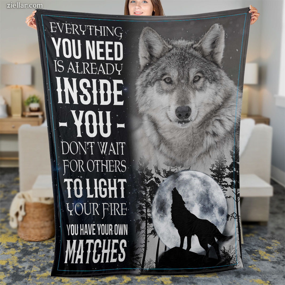 Wolf Under Moon Quilt Blanket, Fleece Blanket Gift with Empowering Quote, Personalized Name