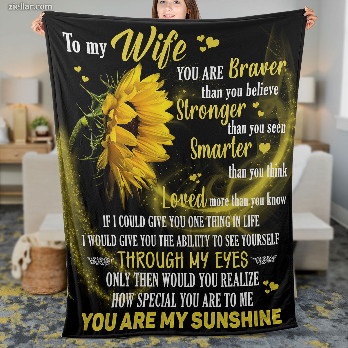 To My Wife Sunflower Love Quilt Blanket, Fleece Blanket Gift with Bold Quote, Custome Name