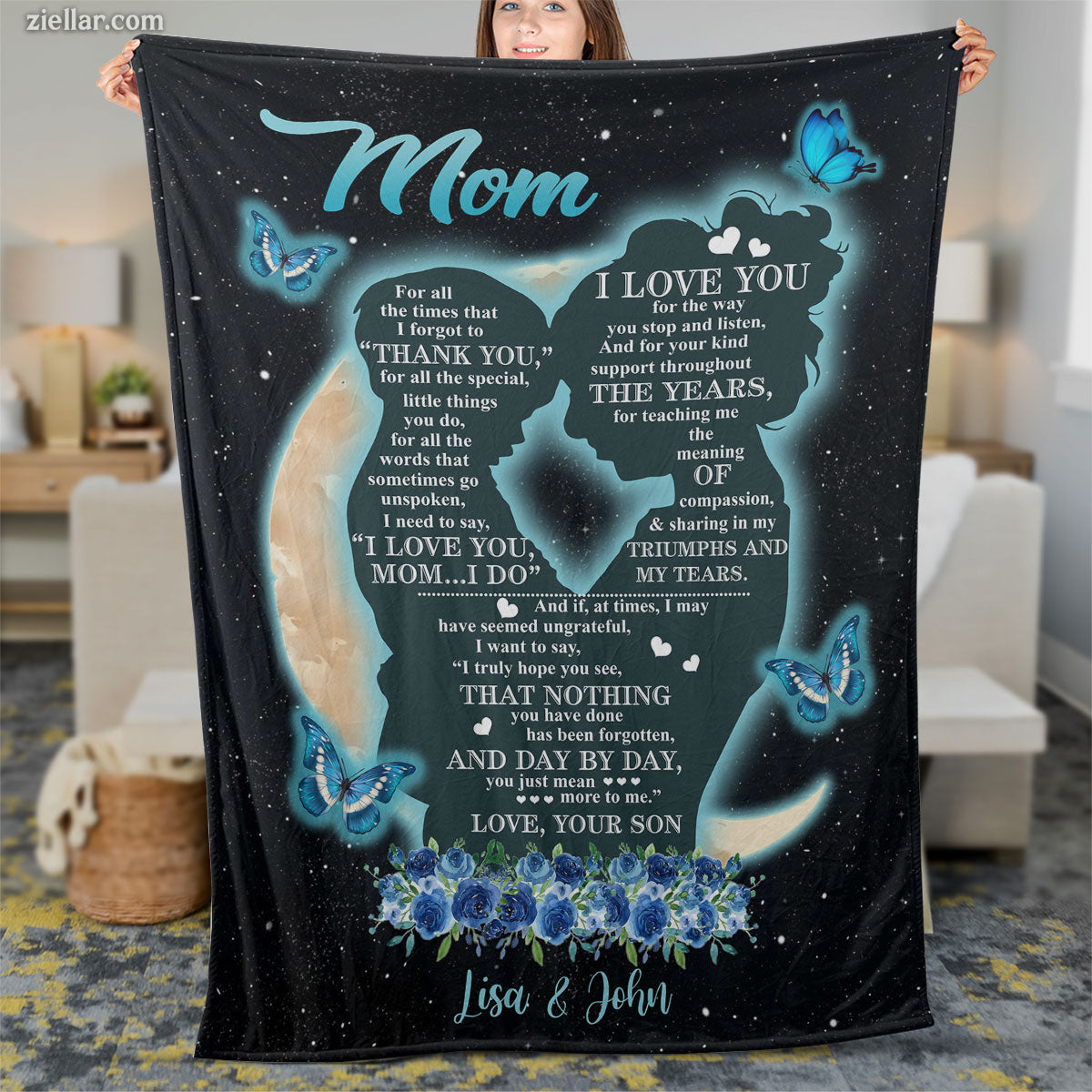 To My Mom Quilt Blanket, Fleece Blanket Gift with Heart and Blue Butterflies, Starry Sky, Custome Name