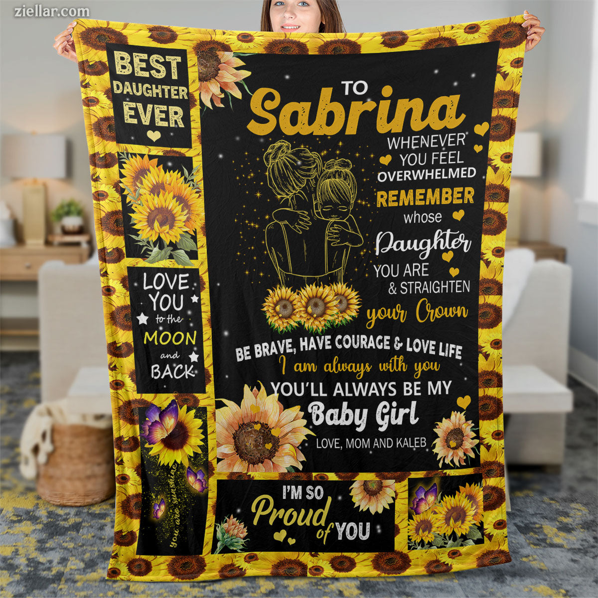 To Sabrina Quilt Blanket, Fleece Blanket Gift for Daughter with Sunflowers, Personalized