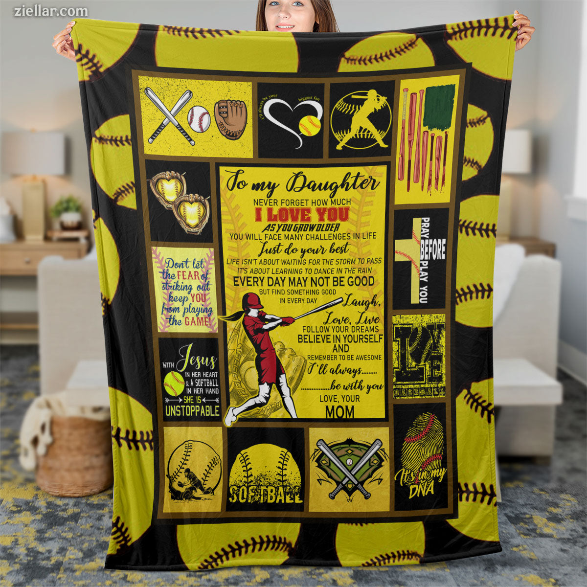 To My Daughter Quilt Blanket, Fleece Blanket Softball Theme with Yellow Black, Custome Name