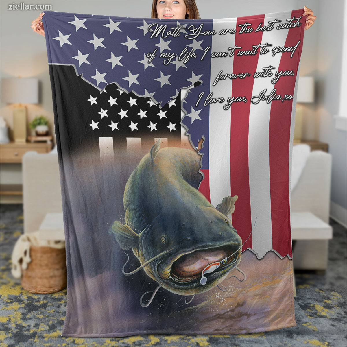 American Flag Catfish Quilt Blanket, Fleece Blanket Patriotic Fishing Gift for Men